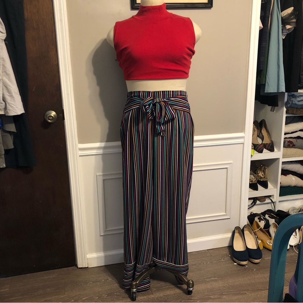 Striped Tie Front Woven Wide Leg Pants